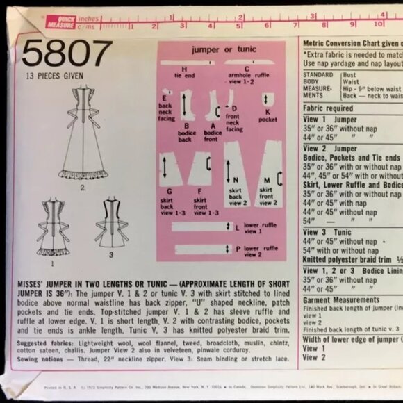 Vintage Simplicity 5807 Misses Jumper Dress or Tunic Misses Size 10 Uncut - Picture 3 of 3